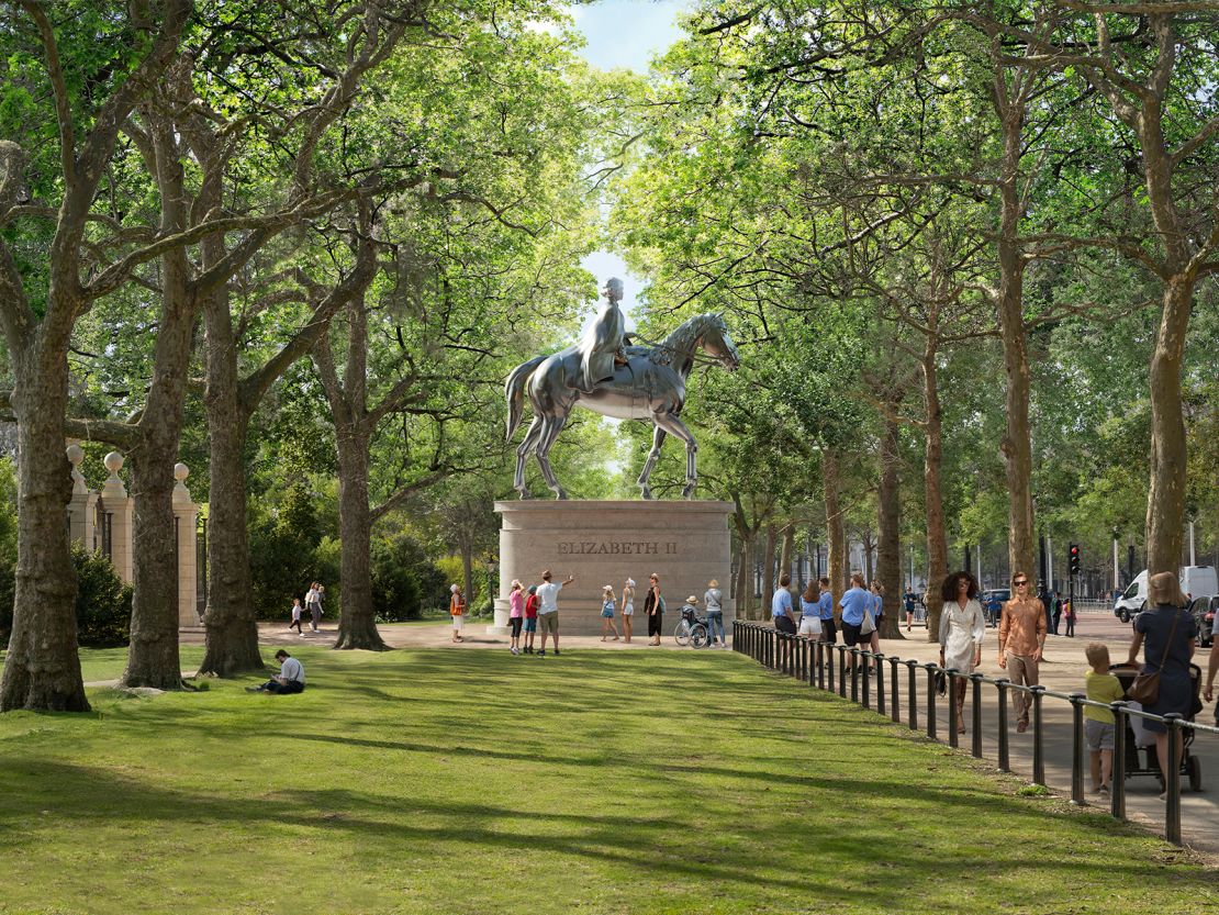 Foster + Partners' design features an equestrian statue on a tree-lined avenue.