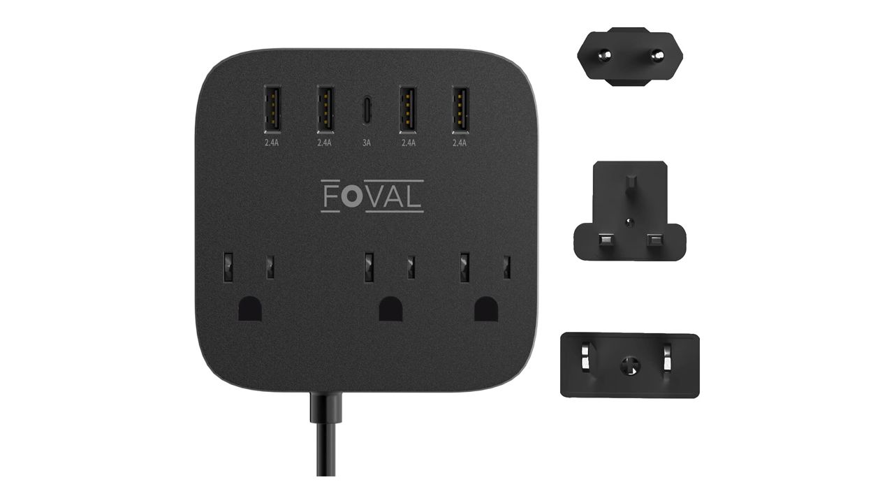 A photo of a black Foval Travel Plug Adapter