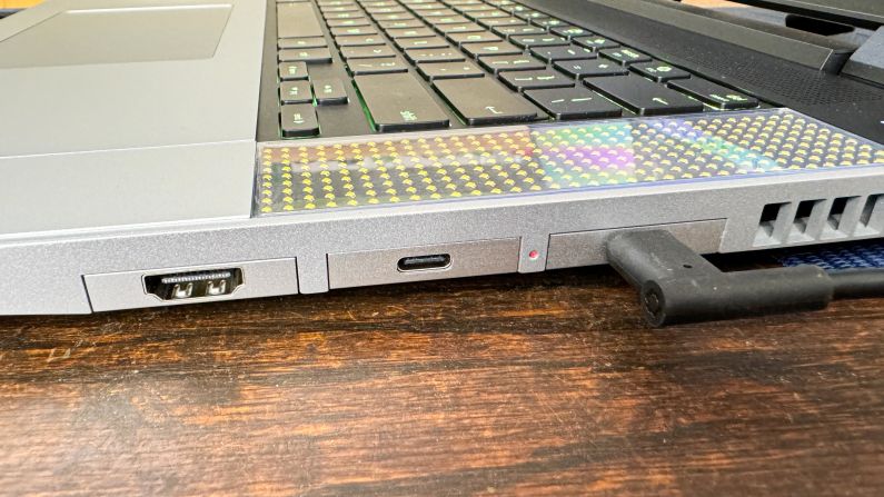 The Framework Laptop 16 seen close-up from the right with its HDMI and USB-C ports showing.