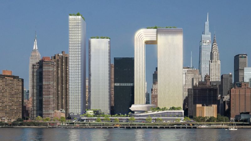 Два небостъргача, съединени от смел конзолен „небесен мост“, за да се издигнат над Ню Йорк