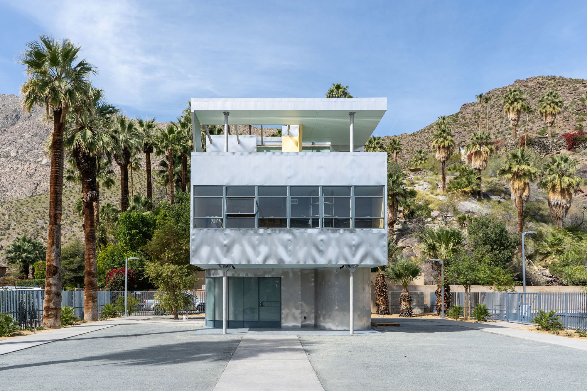 Albert Frey's famous "Aluminaire House" on display at the Palm Springs Art Museum. The diminutive house, now a shining new star in the galaxy of Palm Springs’s architectural gems, is pictured in its new location adjacent to the museum’s main building.