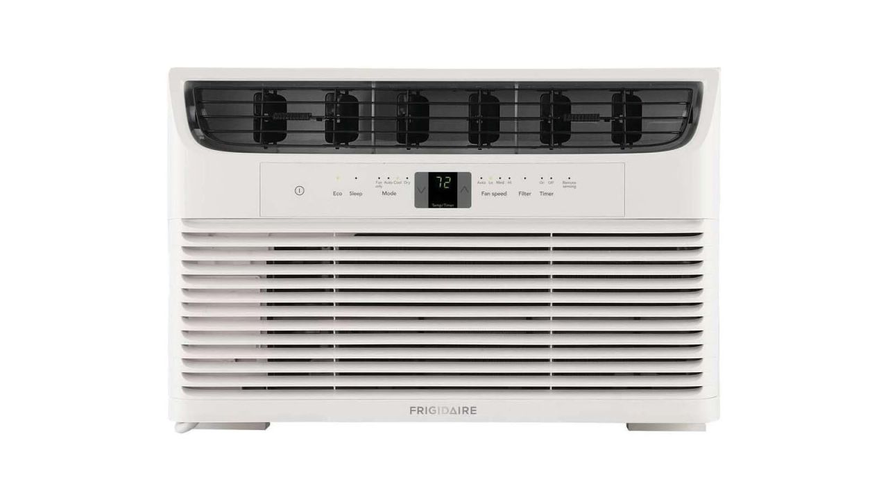 Window air conditioner against white background.