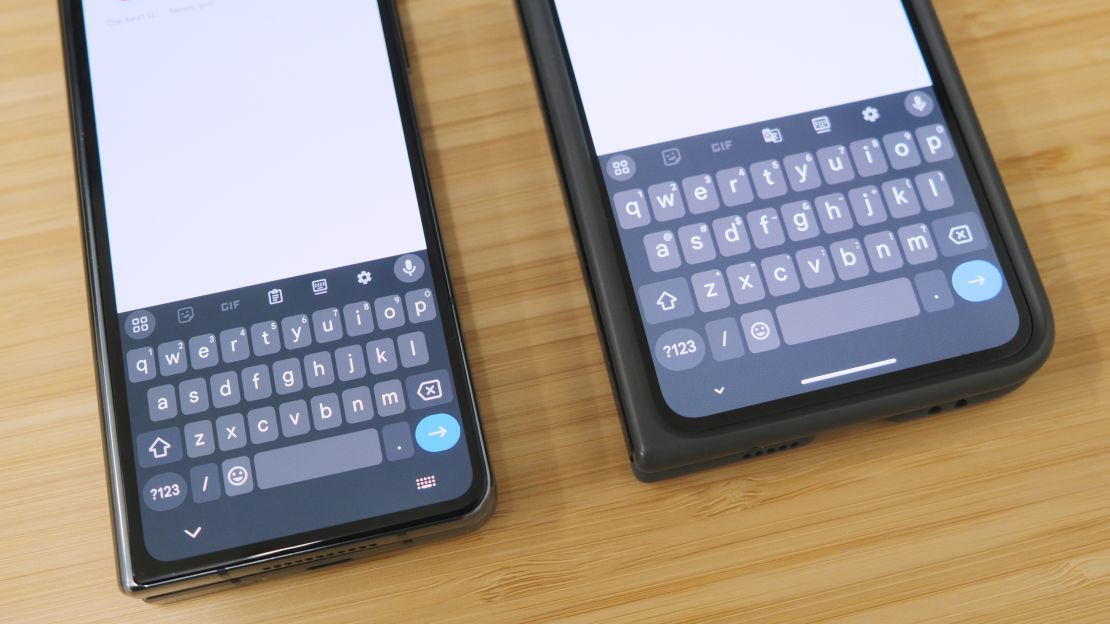 The Pixel Fold’s wider design (right) essentially gives you a standard smartphone keyboard on the front screen, meaning you can type on it without feeling cramped.