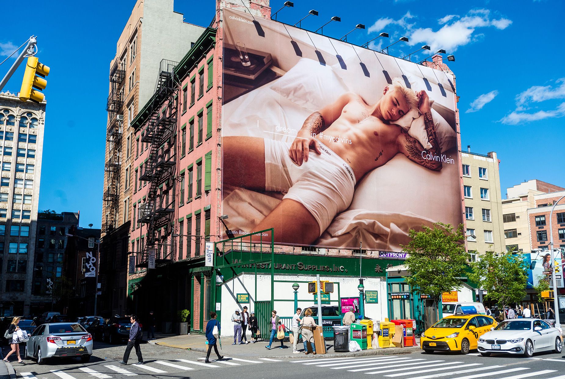 Justin Bieber's Calvin Klein campaign — pictured here in on a billboard in New York's NoHo neighborhood in May 2016 — served as part of an image overhaul for the popstar.