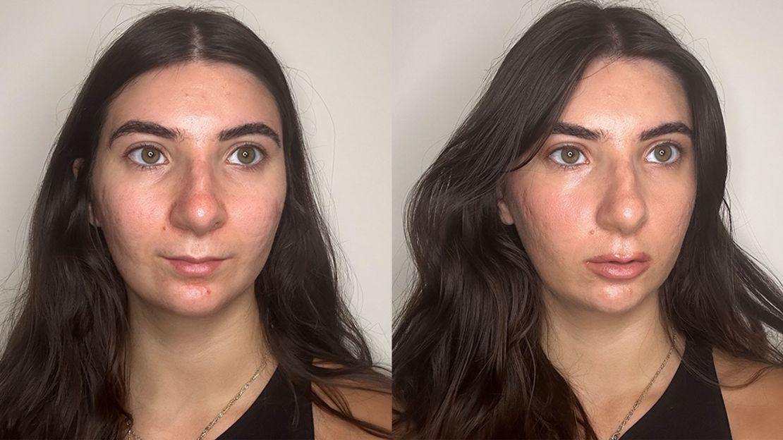 Gabby with no makeup (left) and after applying the Nudestix products we tested (right).