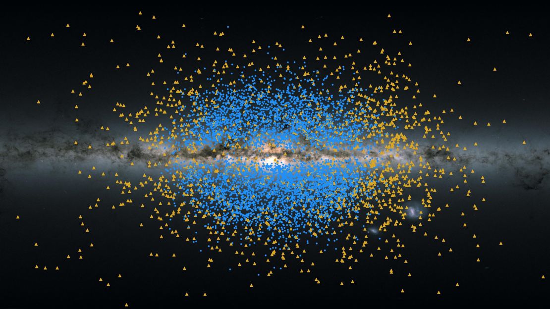 The distribution of Shakti (yellow) and Shiva (blue) stars can be seen near the heart of the Milky Way.