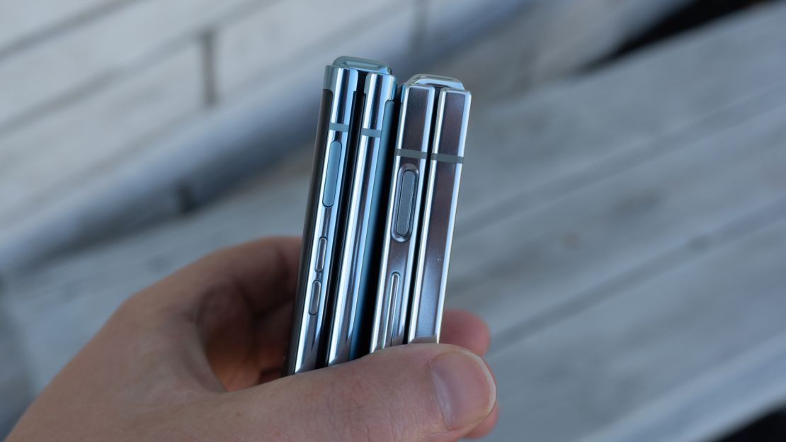 The Razr+ (left) has rounded edges compared to the boxy sides of the Z Flip 5 (right).