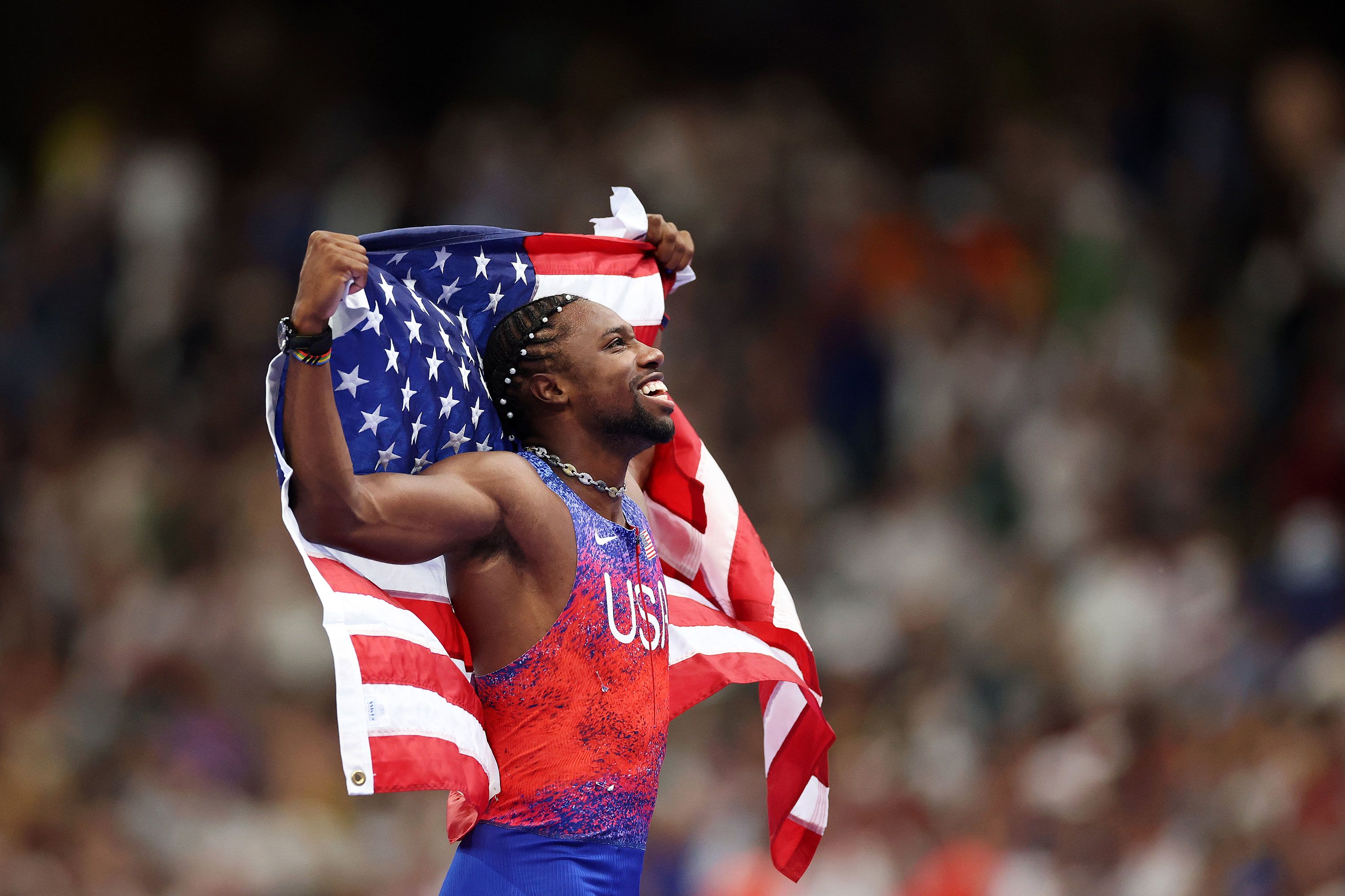 American sprinter Noah Lyles celebrates after he won gold in the 100-meter dash on Sunday, August 4. It was <a href="https://www.cnn.com/sport/live-news/paris-olympics-news-2024-08-04#h_3cb9456f17bdb7beafa32d2d3678f7c1">the first time in 20 years</a> that the United States had won gold in the event.