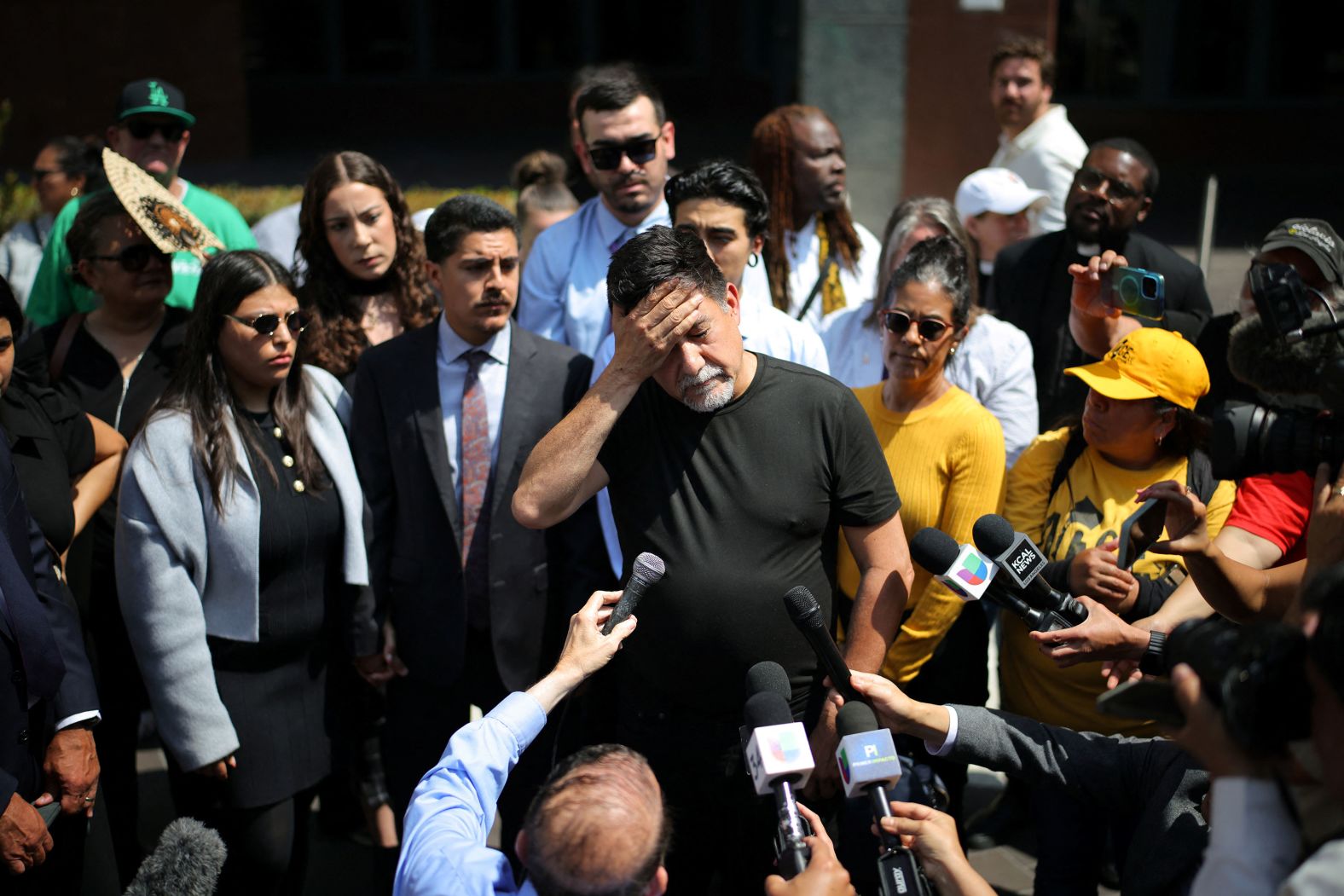 California labor leader <a href="index.php?page=&url=https%3A%2F%2Fwww.cnn.com%2F2025%2F06%2F10%2Fus%2Fdavid-huerta-seiu-union-leader">David Huerta</a> speaks to the media after his release from detention in downtown Los Angeles on Monday. Huerta was charged with one count of conspiracy to impede an officer after he blocked access to a gate during an immigration protest, according to prosecutors. He was released from custody on $50,000 bond, the US Attorney’s office for the Central District of California said. Speaking outside the courthouse after his release, Huerta said authorities are trying to make an example out of him.