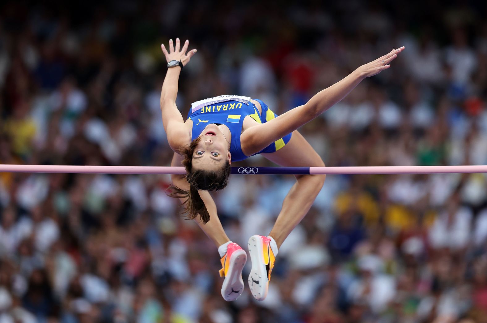 Ukrainian high jumper Yaroslava Mahuchikh clears the bar <a href="https://www.cnn.com/sport/live-news/paris-olympics-news-2024-08-04#h_d6b63cb426b636b9891378f9d06fefdc">on her way to winning gold</a> on August 4.