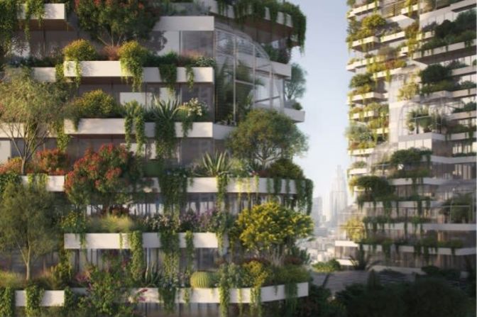 <a href="https://www.stefanoboeriarchitetti.net/en/project/dubai-vertical-forest/" target="_blank">This render</a> by Stefano Boeri Architetti shows two towers planned for Dubai that will host 2,640 trees and 27,600 shrubs on the facades, plus a system of greenhouses and hydroponic gardens.