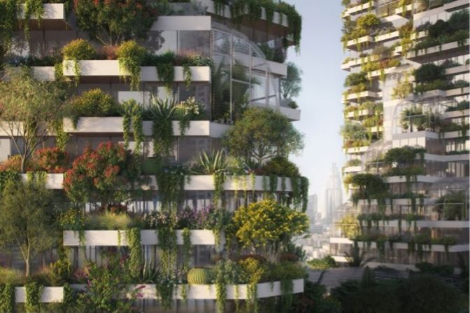 <a href="https://www.stefanoboeriarchitetti.net/en/project/dubai-vertical-forest/" target="_blank">This render</a> by Stefano Boeri Architetti shows two towers planned for Dubai that will host 2,640 trees and 27,600 shrubs on the facades, plus a system of greenhouses and hydroponic gardens.