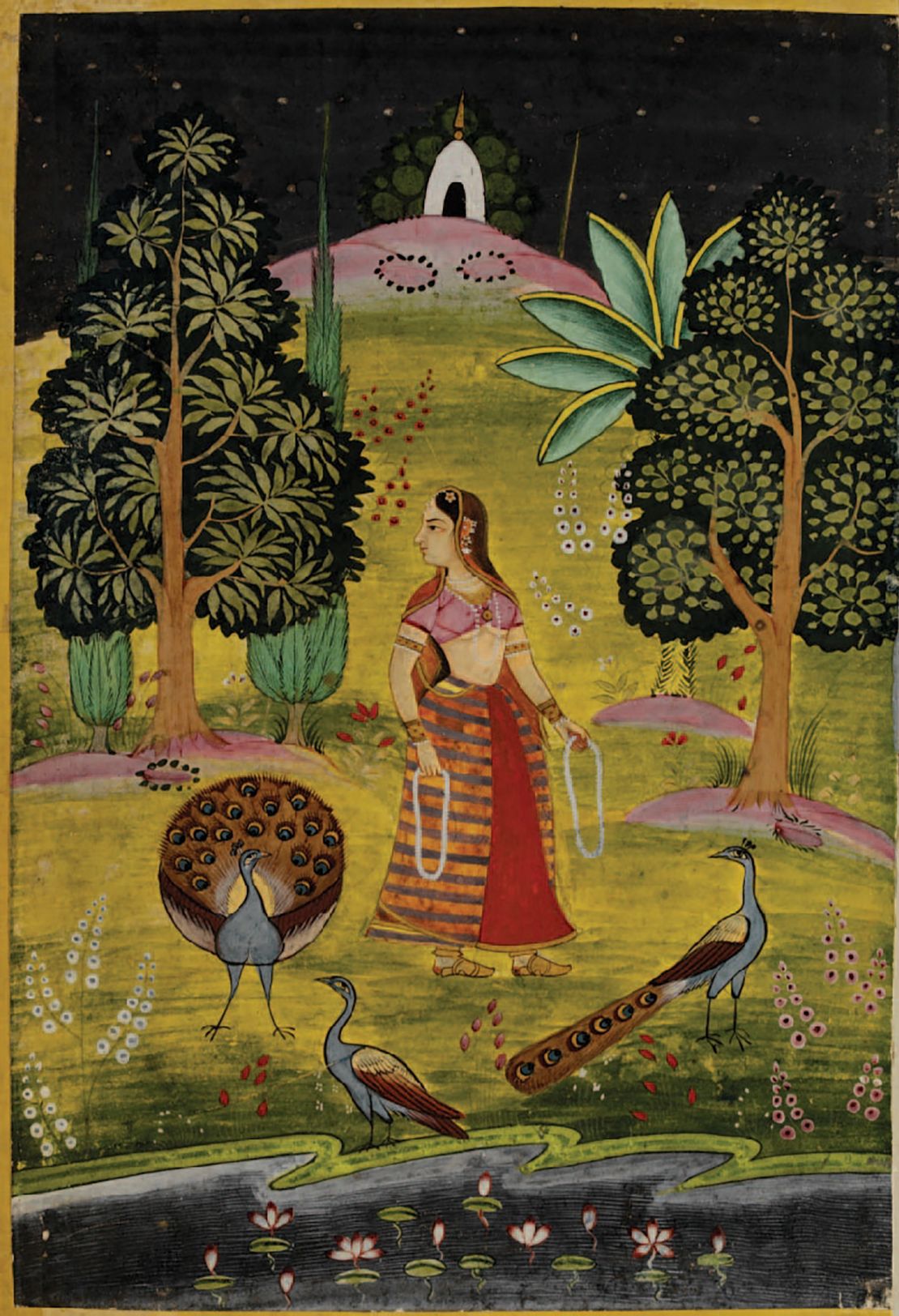The Victoria and Albert museum's original Garden of Ragini wall mural, circa 1700, from southern India. The piece provided inspiration for 1838 Wallcovering's new version (top).