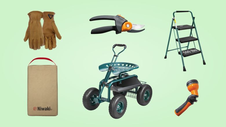 Collage of gardening tools and products with green background.