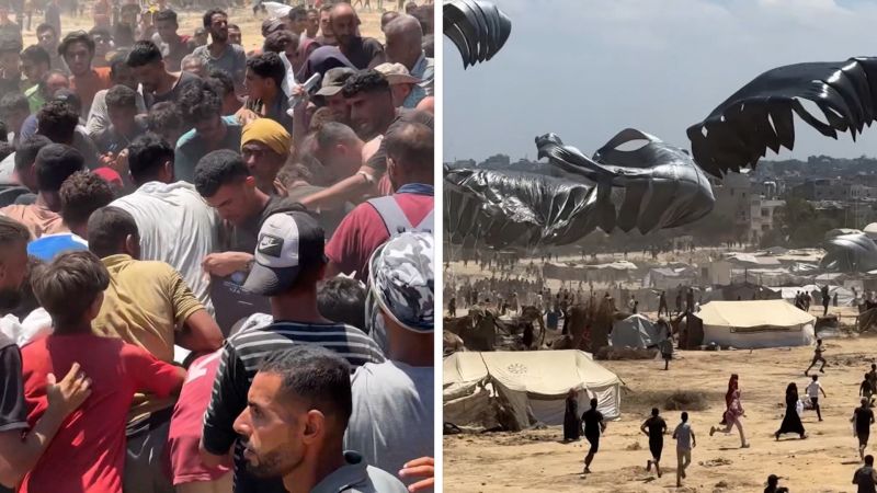 Video shows desperation of hundreds of Palestinians as aid airdrops into Gaza