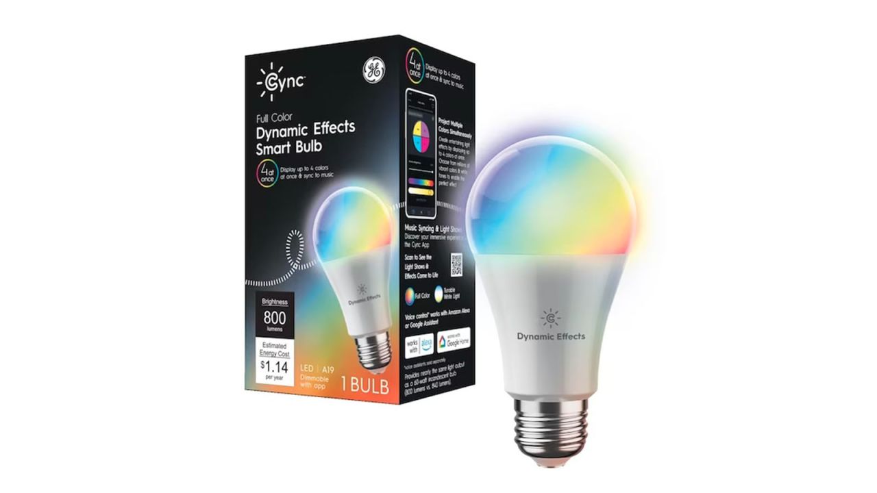The GE Cync Dynamic Effects A19 Smart Bulb and its box on a white background.