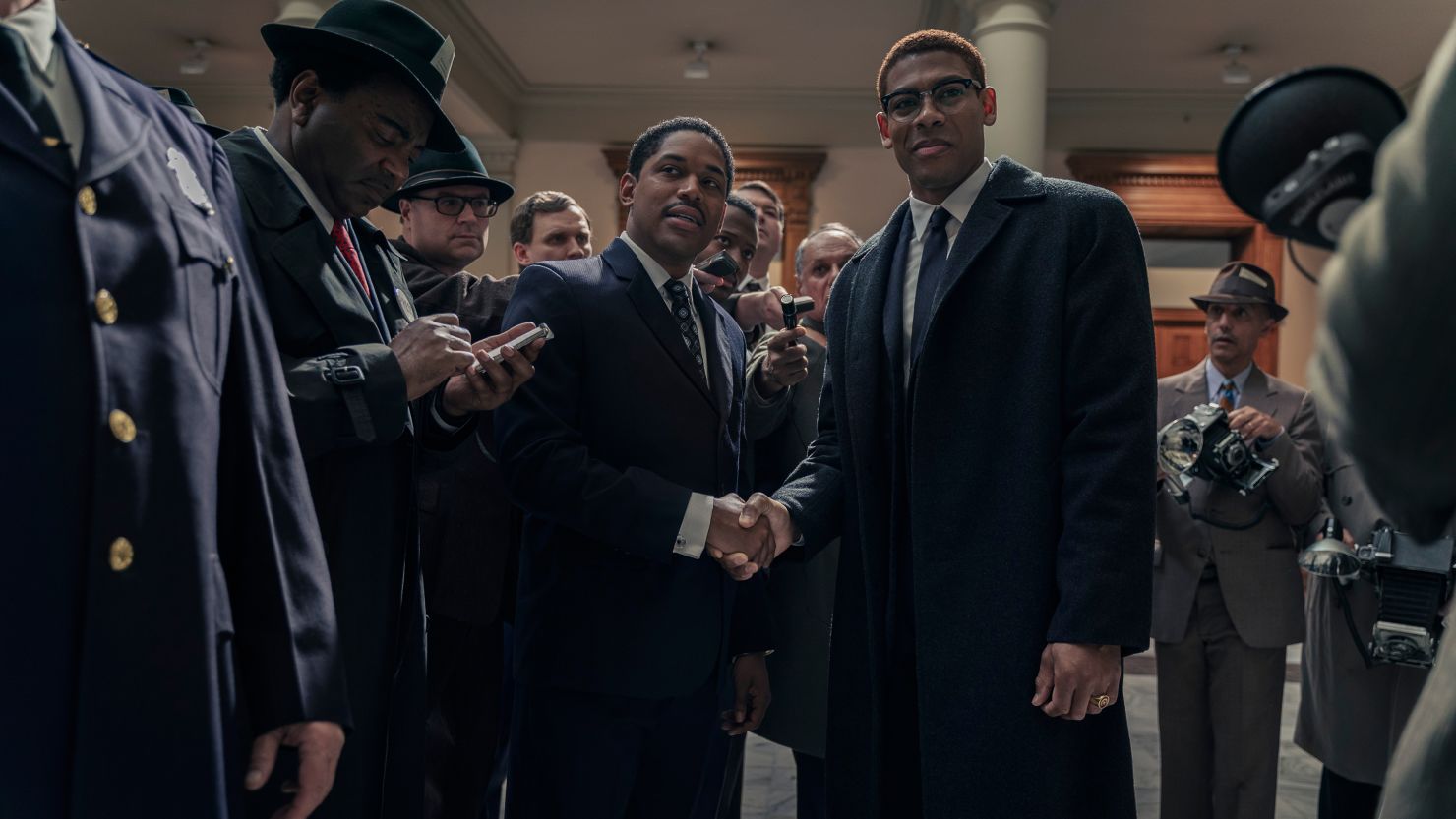 Kelvin Harrison Jr., center left, as Martin Luther King Jr. and Aaron Pierre, right, as Malcolm X in "Genius: MLK/X."
