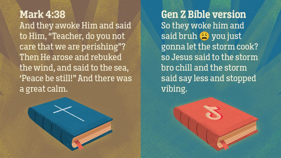 A side-by-side comparison between a Bible passage and the Gen Z Bible Stories version.