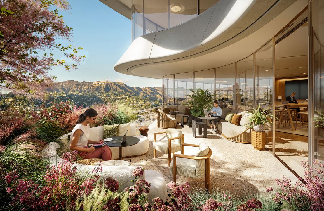 A digital rendering shows an outdoor deck with views over the Hollywood Hills and the landmark Hollywood sign.