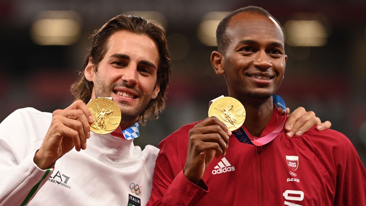 Gianmarco Tamberi (left) and Mutaz Essa Barshim have agreed to share the men's high jump gold medal at the Tokyo 2020 Olympic Games.