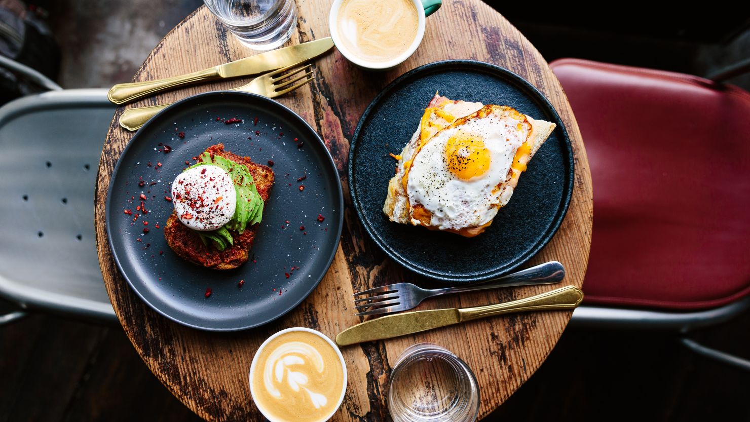 Coffee and breakfast food on a table