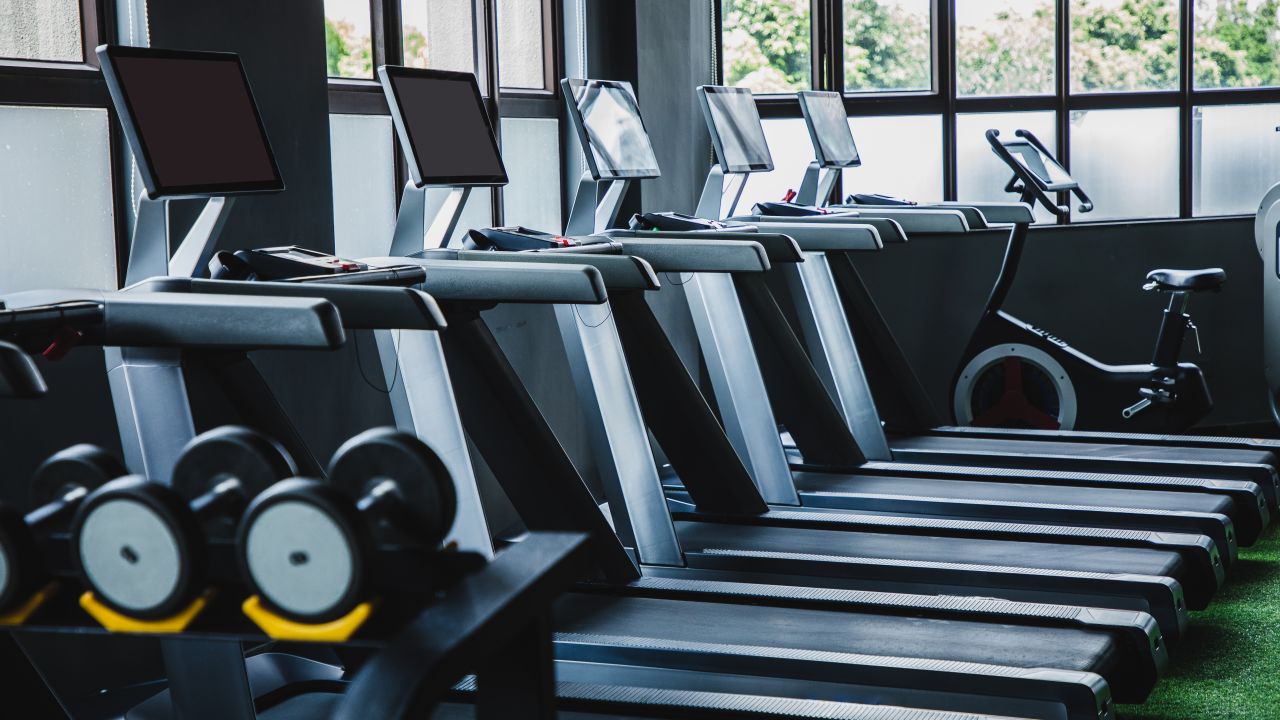 A row of treadmills in a modern gym