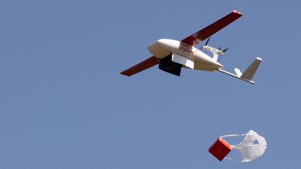 Zipline drones have been delivering medical supplies to hard-to-reach facilities in multiple African countries. Pictured: a drone makes a delivery to a hospital in Rwanda, June 2022.
