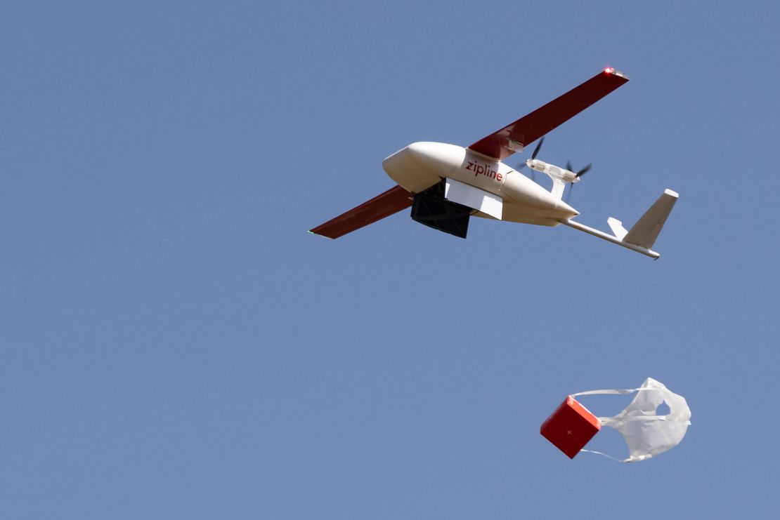 Zipline drones have been delivering medical supplies to hard-to-reach facilities in multiple African countries. Pictured: a drone makes a delivery to a hospital in Rwanda, June 2022.