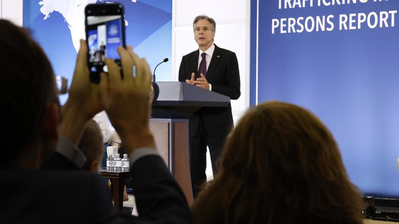WASHINGTON, DC - JUNE 15: U.S. Secretary of State Antony Blinken delivers remarks during an event honoring the 2023 Trafficking in Persons Heroes at the Harry S. Truman department headquarters on June 15, 2023 in Washington, DC.  To mark the release of the 2023 Trafficking in Persons Report (TIP Report), the department honored "individuals from diverse stakeholder communities around the world whose tireless efforts have made a lasting impact on the fight against trafficking." (Photo by Chip Somodevilla/Getty Images)