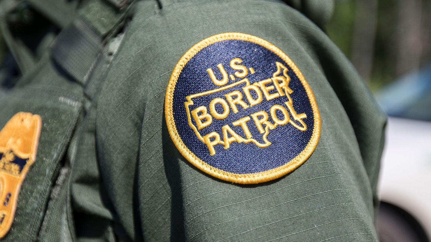 A patch on the uniform of a US Border Patrol agent at a highway checkpoint on August 1, 2018, in West Enfield, Maine.