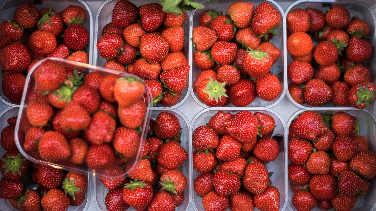 Red strawberry fruits seen at a market stall with copy space - stock photo