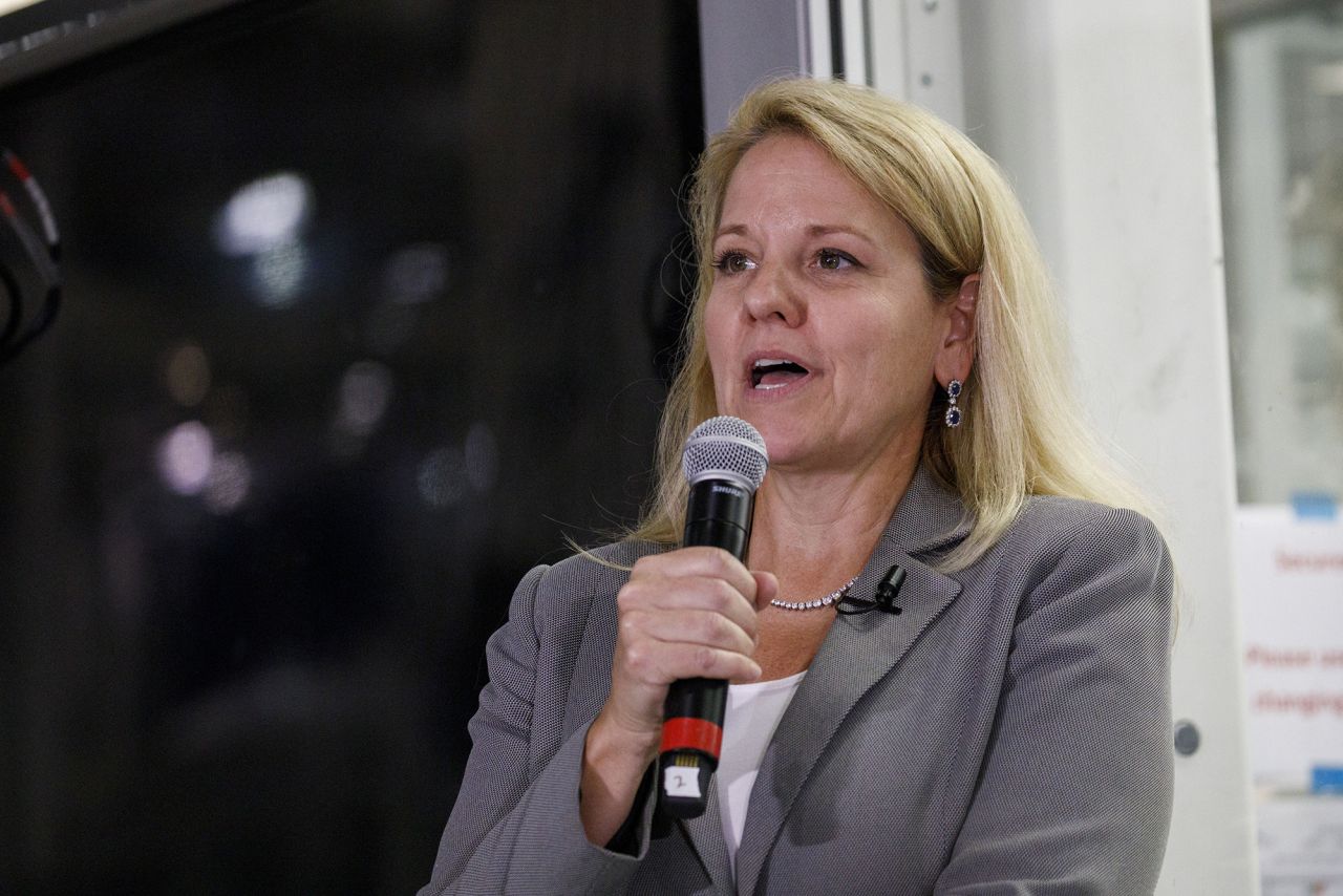 SpaceX COO Gwynne Shotwell speaks at the SpaceX headquarters in Hawthorne, California, in August 2018.