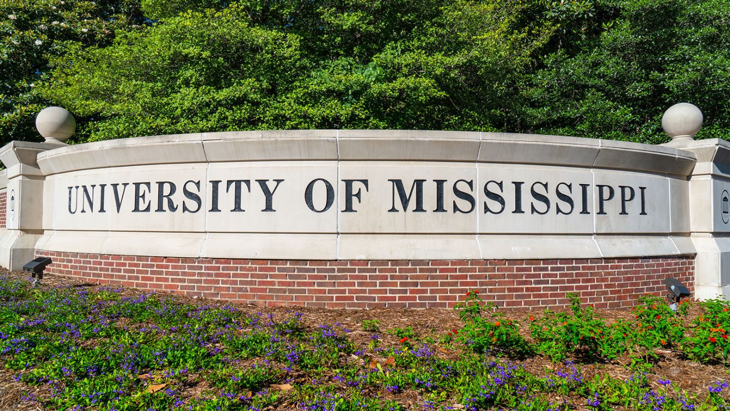 The entrance sign and logo to the campus of the University of Mississippi.