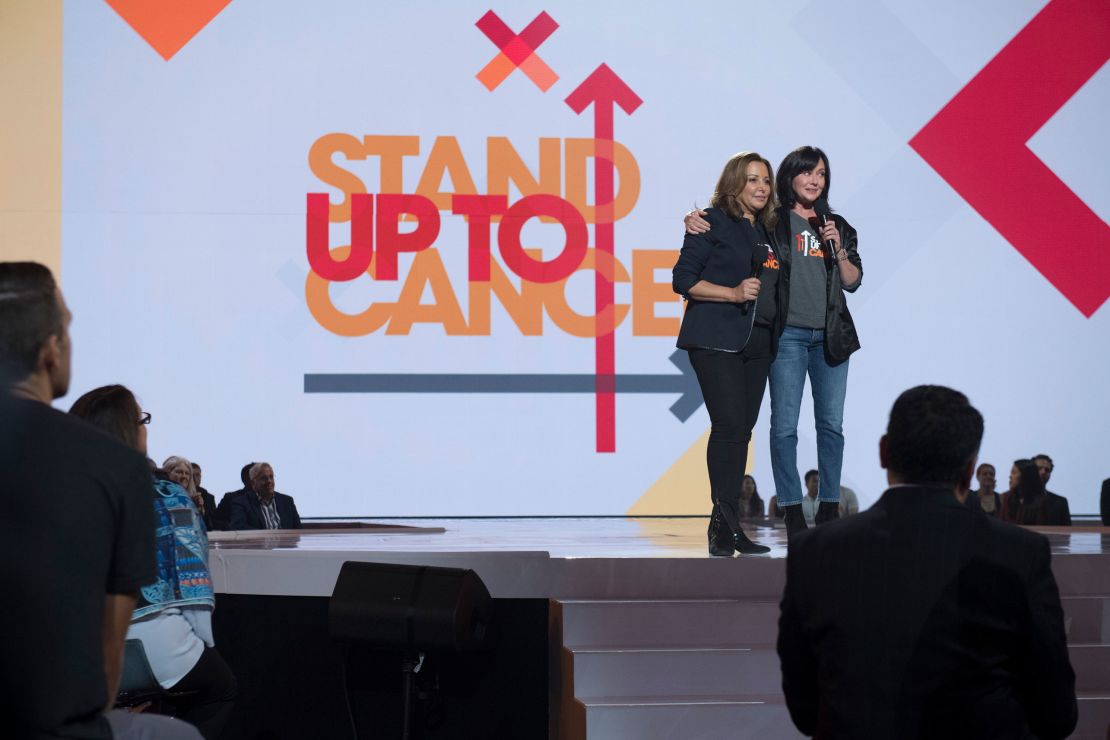 Deborah Waknin-Harwin and Shannen Doherty speak at a Stand Up To Cancer program in 2018.