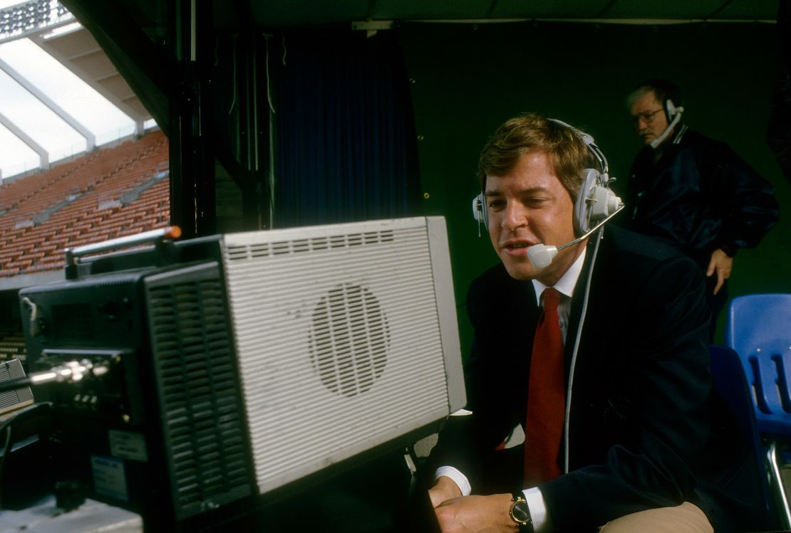 NBC broadcaster Bob Costas views the monitor before a Major League Baseball game circa 1983.