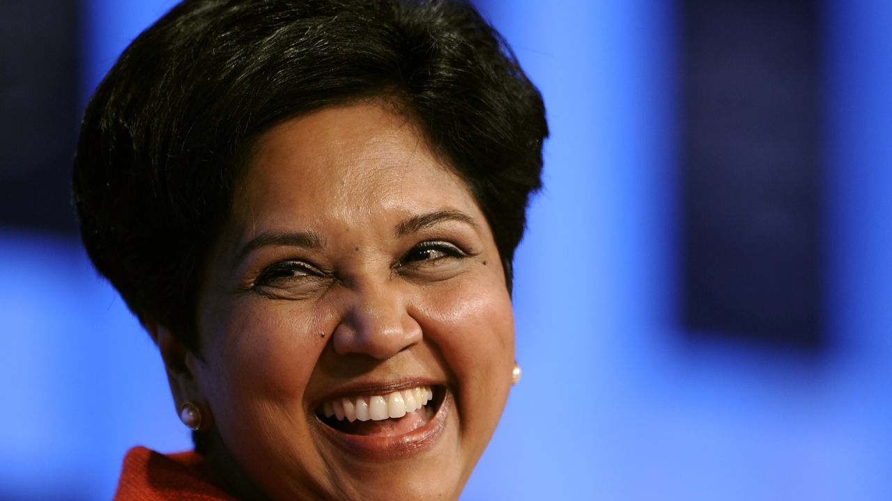 PepsiCo Chairman and CEO Indra Nooyi smiles during a session untitled "Technology for Society" on the third day of the World Economic Forum (WEF) annual meeting on January 29, 2010 in Davos. Thirty heads of state and government and 2,500 business and academic elite attend the 40th anniversary Davos forum to hammer out ways to fend off new storm clouds hanging over the global economy.   AFP PHOTO / FABRICE COFFRINI (Photo credit should read FABRICE COFFRINI/AFP via Getty Images)