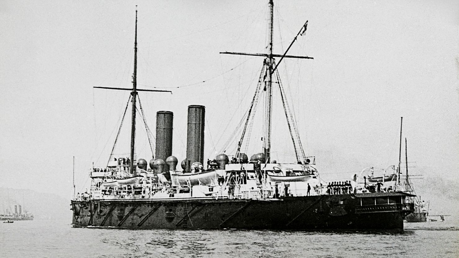 Naval battleship HMS Hawke is seen before it was sunk by a German U-boat on October 15, 1914, during World War I.