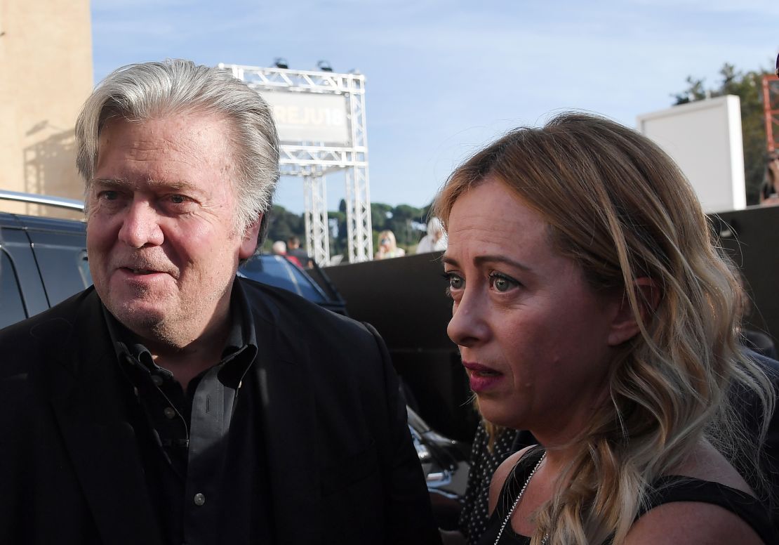 On September 22, 2018, former White House chief strategist Steve Bannon (left) arrives with Giorgia Meloni (right) to attend the party's convention in Rome.