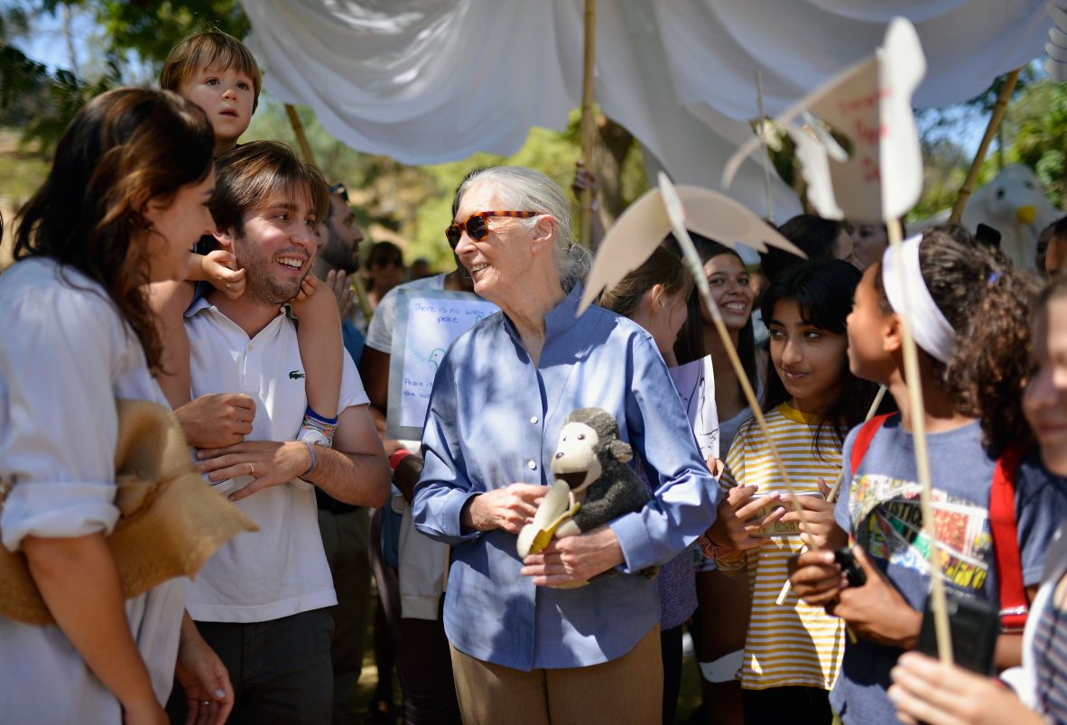 Goodall attends the Roots & Shoots Day of Peace at the Los Angeles Zoo in 2018.
