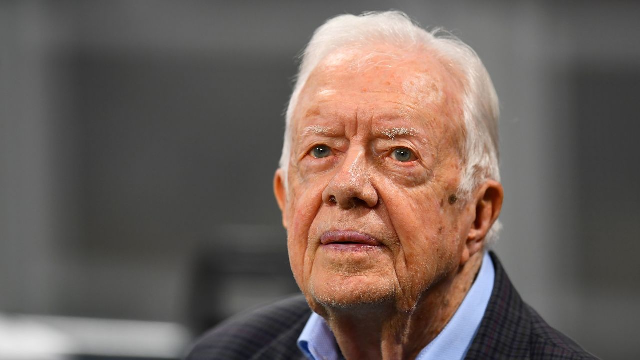 ATLANTA, GA - SEPTEMBER 30: Former president Jimmy Carter prior to the game between the Atlanta Falcons and the Cincinnati Bengals at Mercedes-Benz Stadium on September 30, 2018 in Atlanta, Georgia. (Photo by Scott Cunningham/Getty Images)