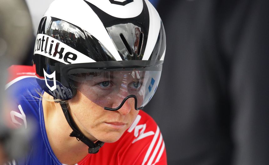 Emma Pooley prepares to compete for Great Britain at the UCI Road World Championships in 2010.