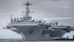 The US warship USS Harry S. Truman is pictured anchored in The Solent on October 8, 2018 near Portsmouth, England.