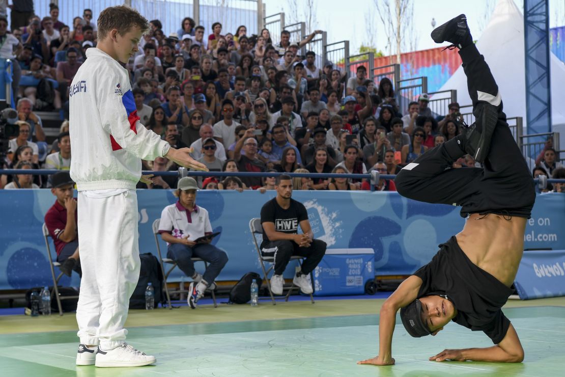 Japanese b-boy Shigelix (right) competes against Russian b-boy Bumblebee during a battle at the Youth Olympic Games in Buenos Aires, Argentina, in October 2018.