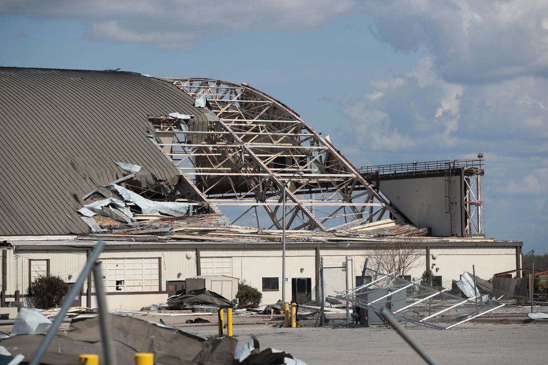 Debris litters Tyndall Air Force Base on October 17, 2018, in Panama City, Florida, after Hurricane Michael battered the installation.