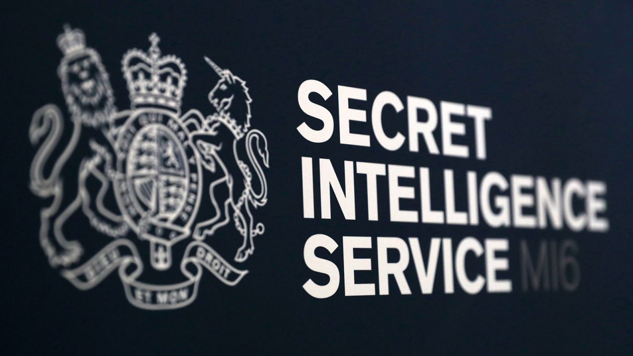 A Secret Intelligence Service (MI6) logo is pictured ahead of a speech by Alex Younger, incoming head of Britain's MI6 foreign intelligence agency, at the University of St Andrews in Str Andrews, east Scotland on December 3, 2018.