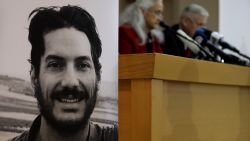 A photo of journalist Austin Tice is seen as his parents give a press conference in Beirut, Lebanon, on December 4, 2018.