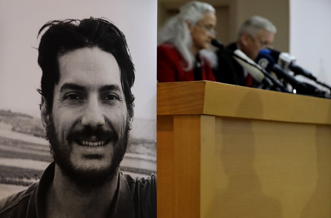 A photo of journalist Austin Tice is seen as his parents give a press conference in Beirut, Lebanon, on December 4, 2018.