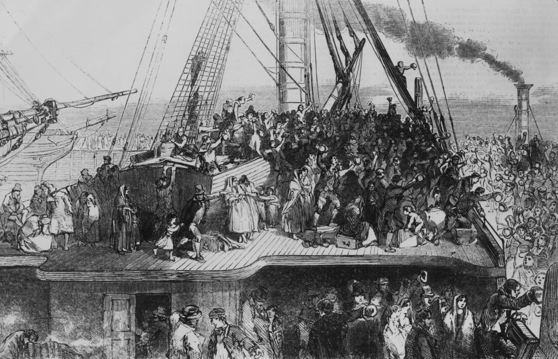 This 1850 illustration depicts Irish emigrants sailing to the US on an overcrowded ship during the potato famine. "Almost all of these passengers would have been required to squeeze into the steerage compartment at night and during storms," Anbinder writes.