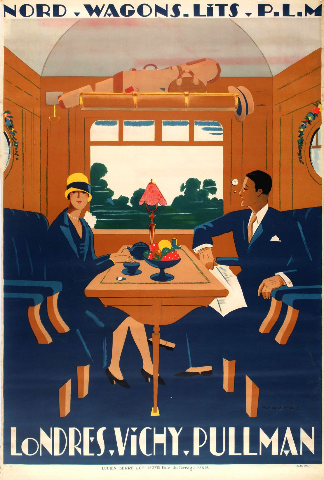 A 1927 poster advertising the Compagnie Internationale des Wagons-Lits' service between London and Vichy, France.