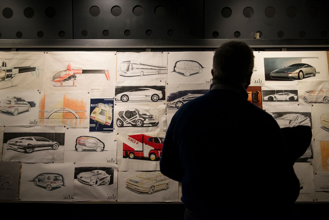 Marcello Gandini's drawings on display during the exhibition dedicated to his work at the Museo Nazionale dell'Automobile in Turin in 2019.
